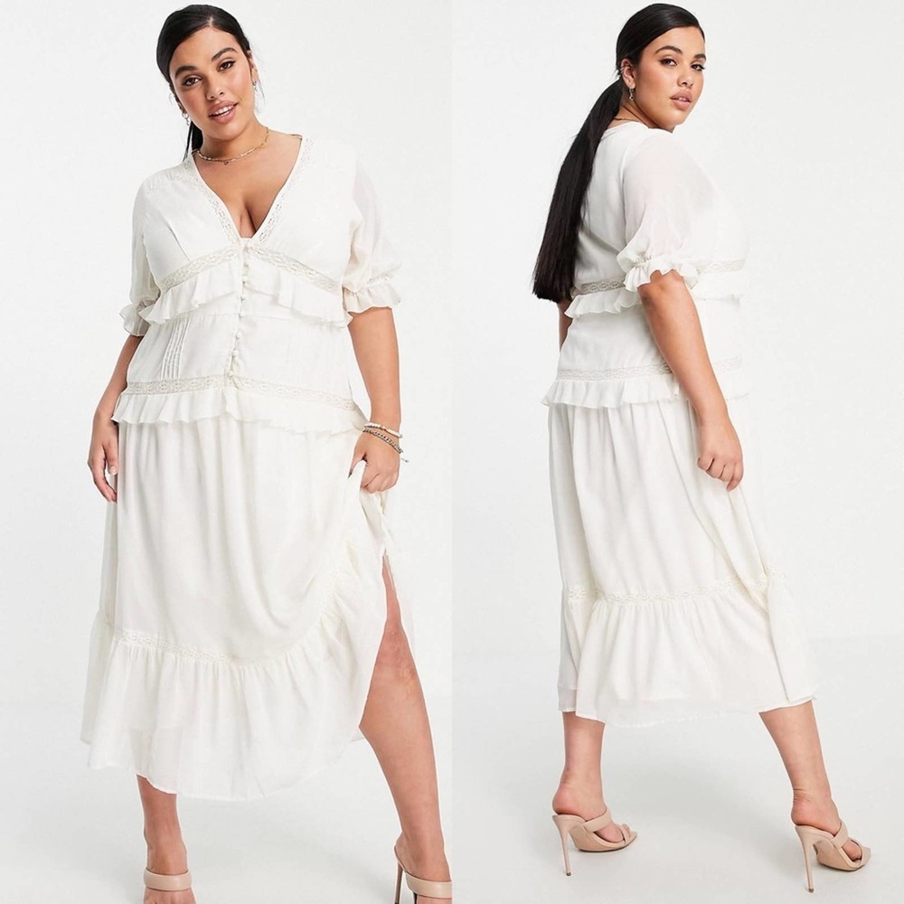 ASOS Curve Cream Midi Dress with Ruffles